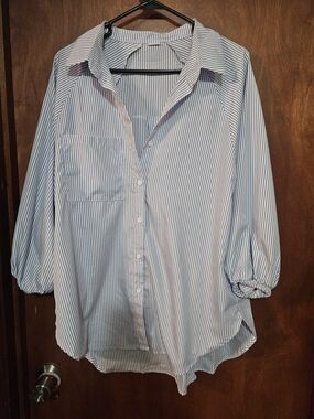 Striped Blue and White Button-Down Shirt with Pocket